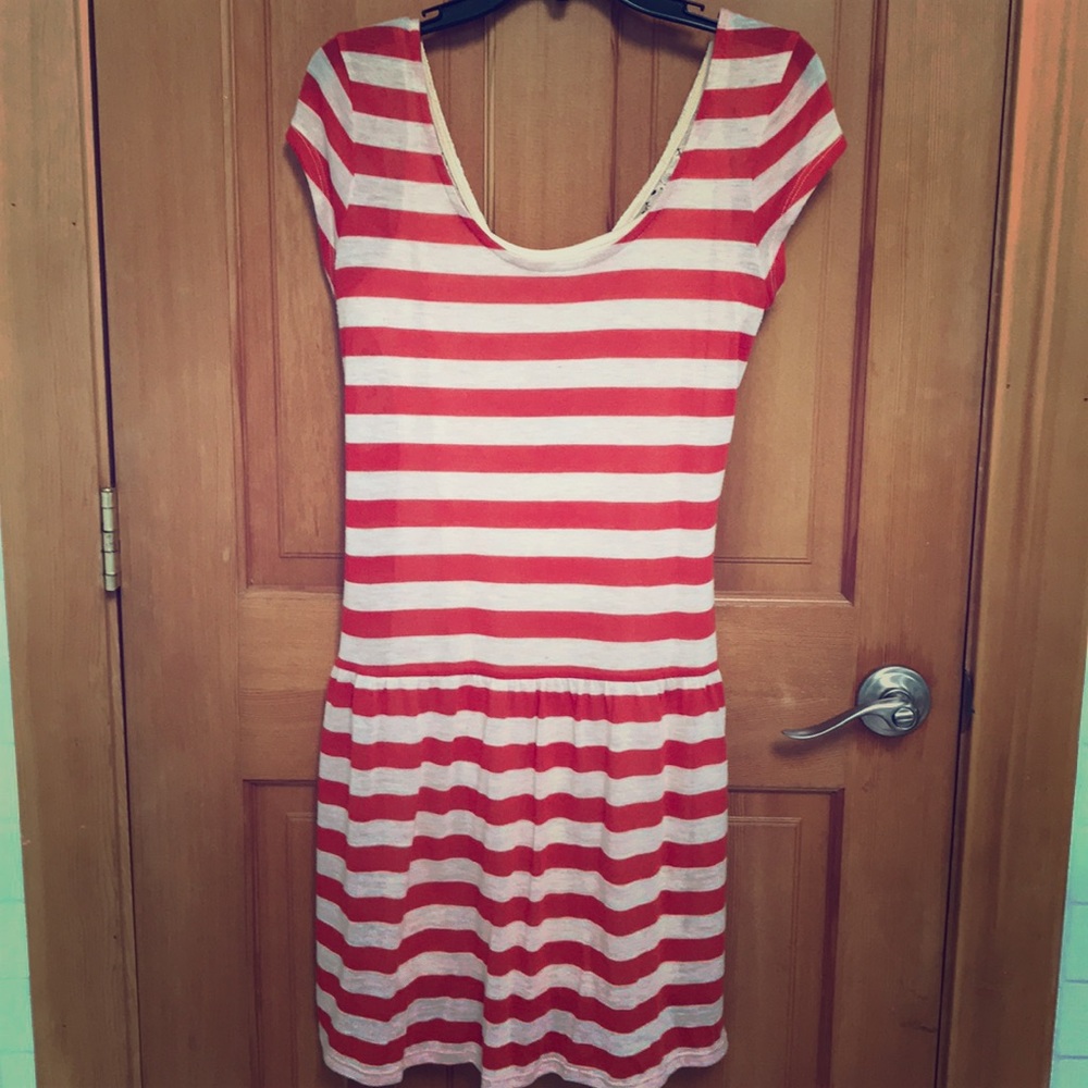 Orange-ish red striped dress with cream lace
